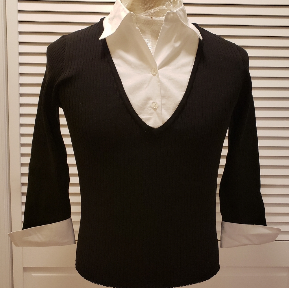 2 in 1 black sweater with collared white shirt